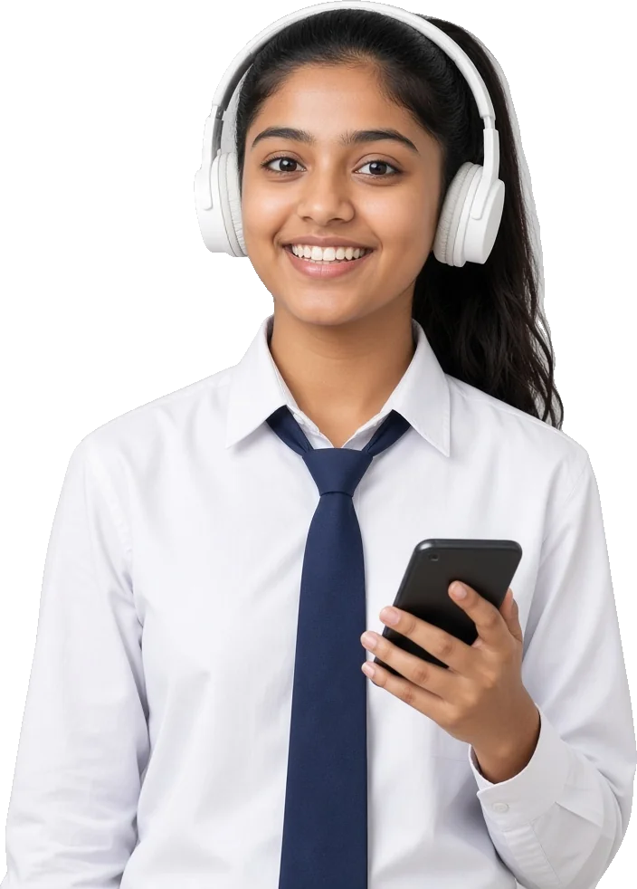 Student with headphones joining a live class on her phone