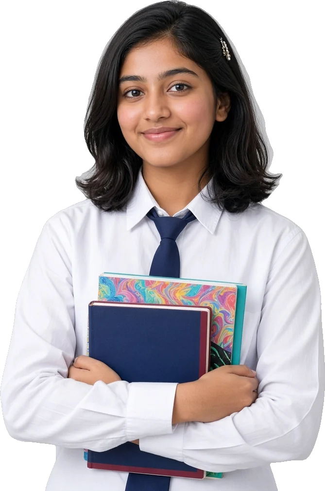 Student holding her notebooks and textbook