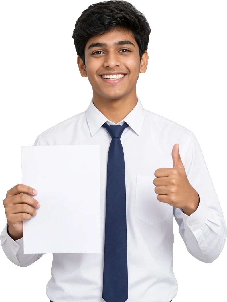 Student holding his marked test sheet with a thumbs up