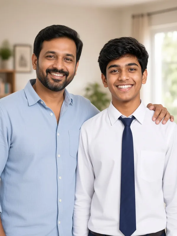 Father with his son in school uniform