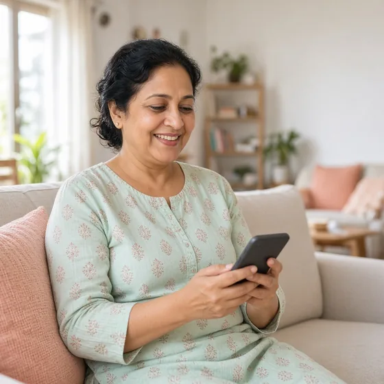 Mother reading her child's report on her phone